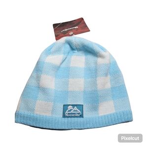 New Moosejaw Kids Sky Blue and White Plaid Beanie Hat